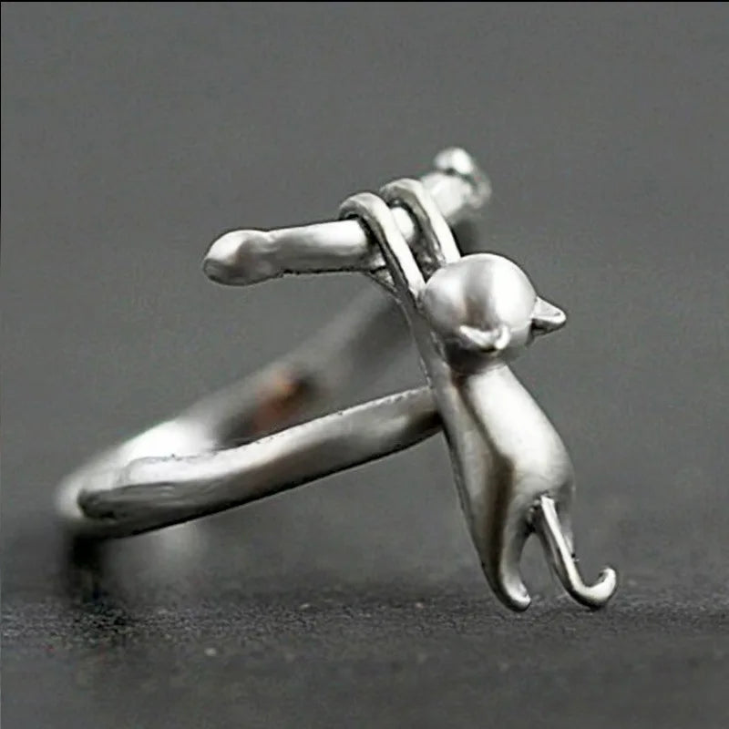 Authentic 925 Sterling Silver Cat on Branch Adjustable Ring