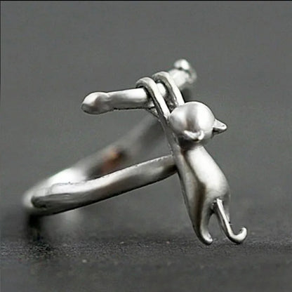 Authentic 925 Sterling Silver Cat on Branch Adjustable Ring