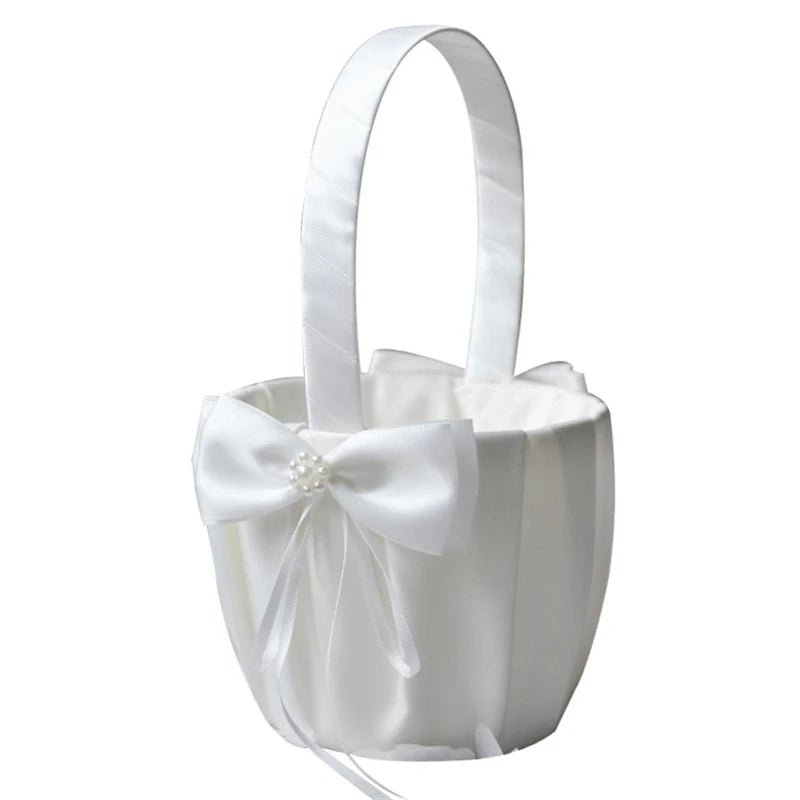 White Flower Girl Basket with Pearl Handle | Wedding Ceremony Accessories