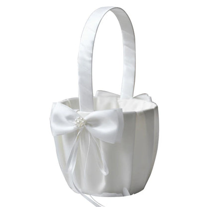 White Flower Girl Basket with Pearl Handle | Wedding Ceremony Accessories