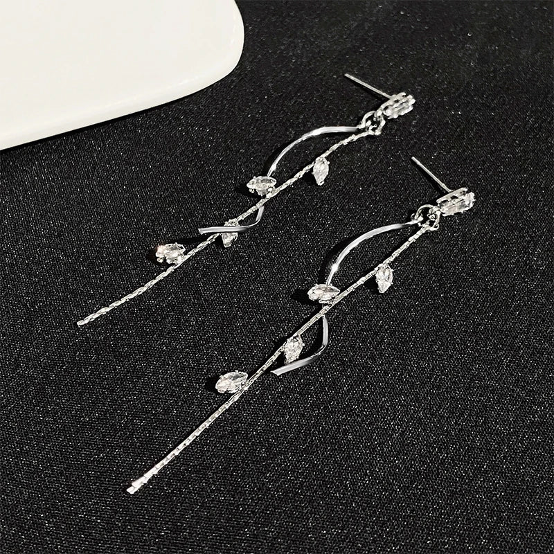 French Luxury Long Zircon Tassel Twisted Drop Earrings