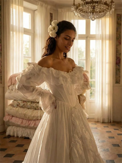Tokyo White Elegant Satin Off the Shoulder Customized Wedding Party Long Sleeve Lace-Up Back Bridal Gown A-Line Wedding Gown