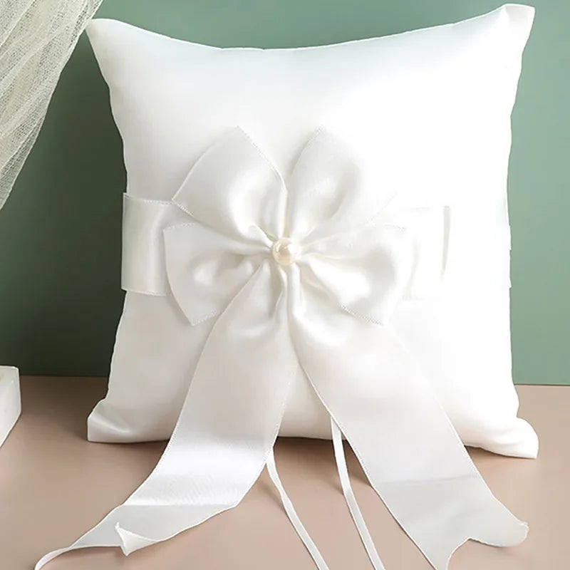 Wedding Ring Bearer Pillow & Flower Girl Basket Set | White Satin Pearl Handle | Bridal Wedding Accessories