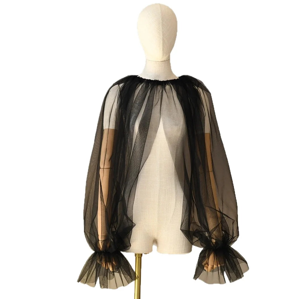 Attached-Sleeve Bridal Shawl with Flared Cuffs Wedding Bolero Sexy Wear Wedding Accessories Wedding Props Marriage Evening Party