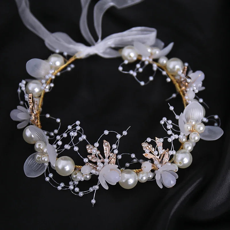 Pearl Flower Crown Headband – Boho Bridal Crystal Headpiece