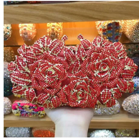 Golden Silver Luxury Crystals Evening Bags Fashion Rose Flower Diamonds Clutch Bags Soiree Purse Women Wedding Bride Handbags