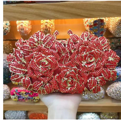 Golden Silver Luxury Crystals Evening Bags Fashion Rose Flower Diamonds Clutch Bags Soiree Purse Women Wedding Bride Handbags