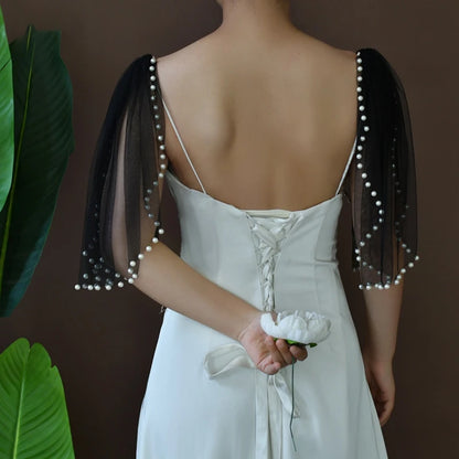 Pearl-Embellished Tulle Bridal Shoulder Cape & Oversleeves