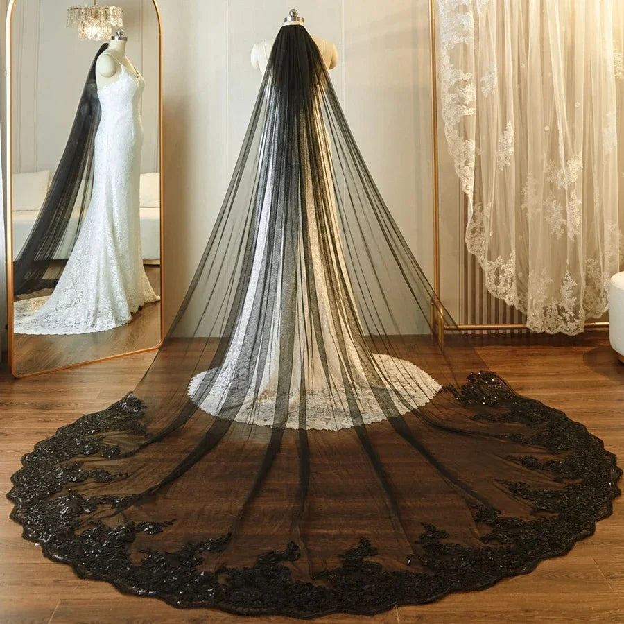 Black Cathedral Bridal Veil with Lace Appliqué Edge