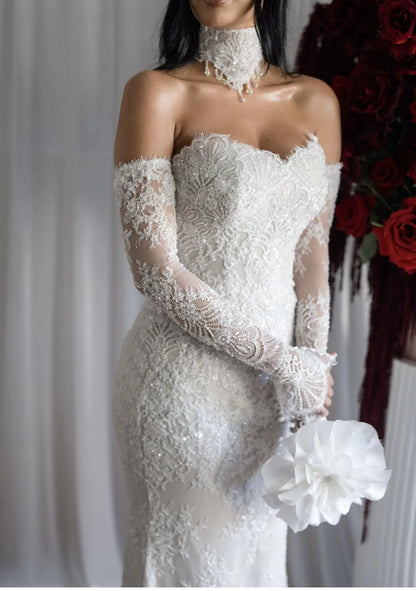 Romantic Sweetheart Lace Mermaid Wedding Dress Strapless Sheath Decoration Bridal Dress Detachable Tail Vest Customized