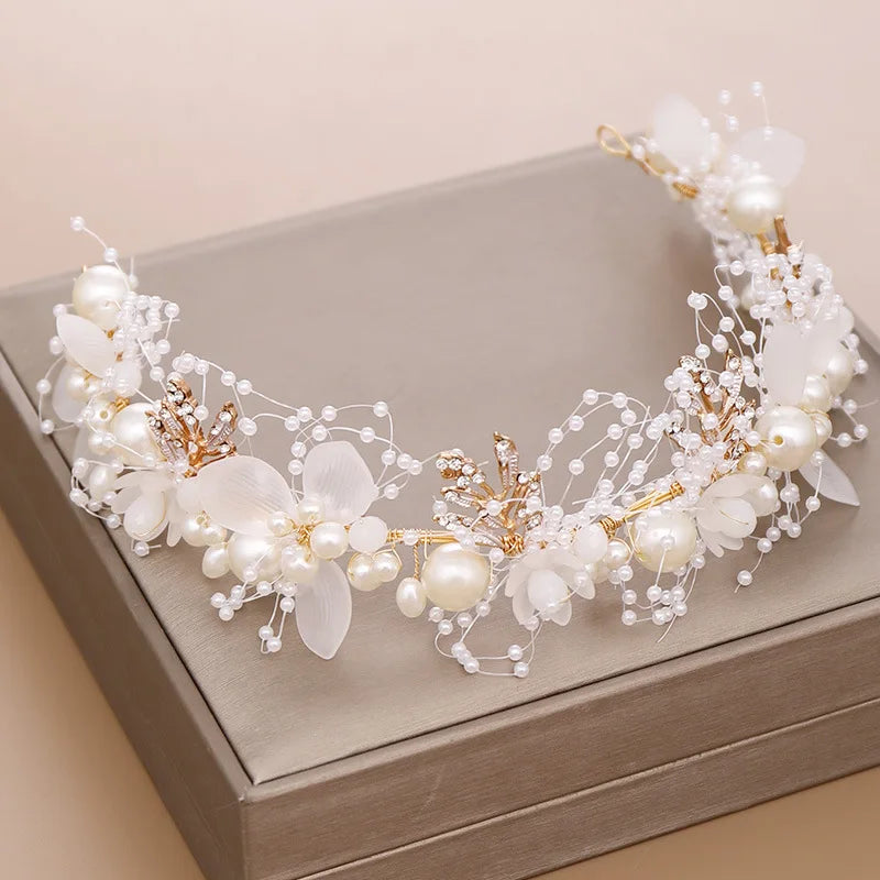 Pearl Flower Crown Headband – Boho Bridal Crystal Headpiece