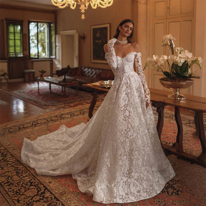 Royal Off-Shoulder Lace Ball Gown – Embroidered Wedding Dress with Train