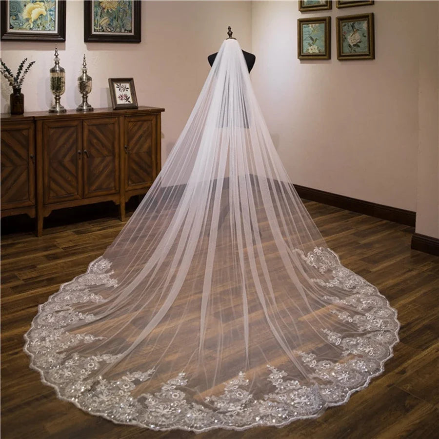 Black Cathedral Bridal Veil with Lace Appliqué Edge
