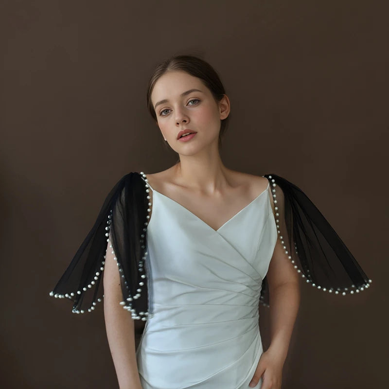 Pearl-Embellished Tulle Bridal Shoulder Cape & Oversleeves
