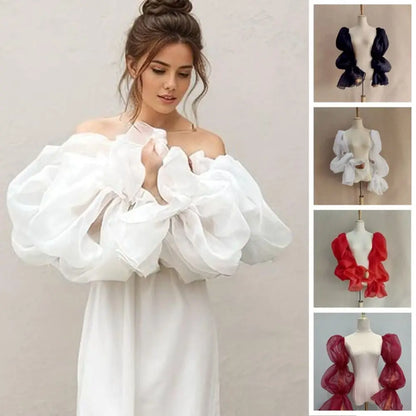 Elegant Puff Wedding Arm Sleeves Evening Dress Decor Ruffles Bride Detachable Sleeves Bowknot Sweet Sheer Cover Sleeves Banquet