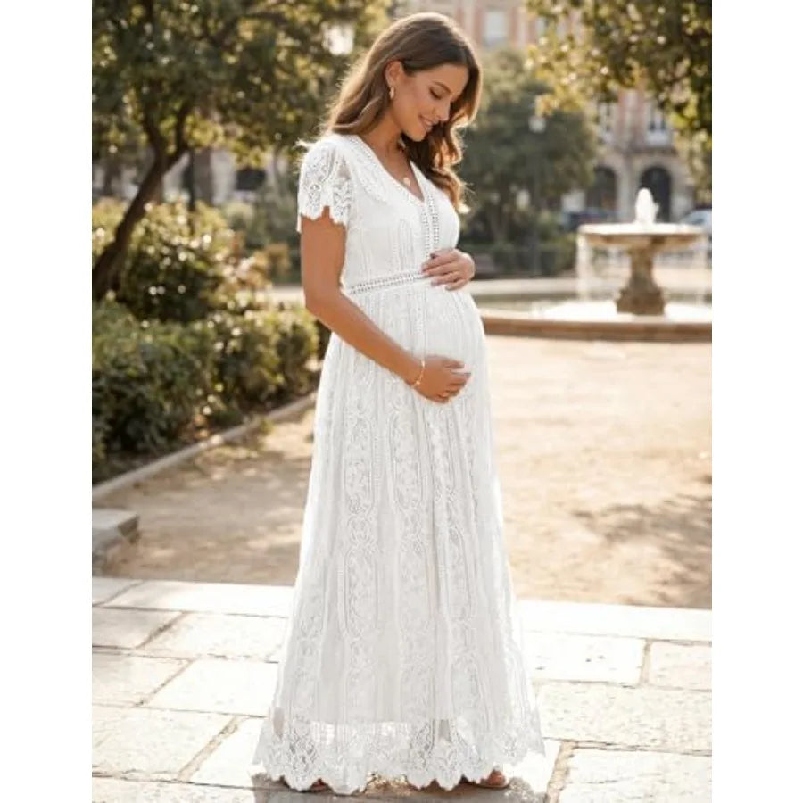 Women's 2026 V Neck Short Sleeve Floral Lace Wedding Dress A Line Boho Bridesmaid Cocktail Party Maxi Dress