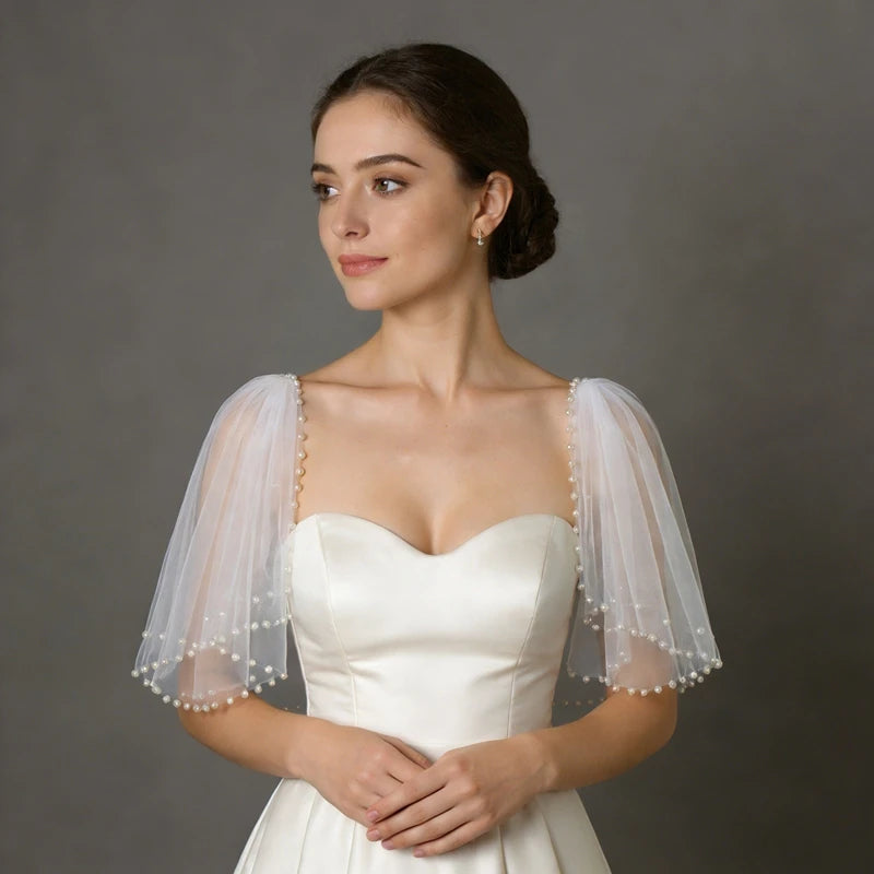 Pearl-Embellished Tulle Bridal Shoulder Cape & Oversleeves