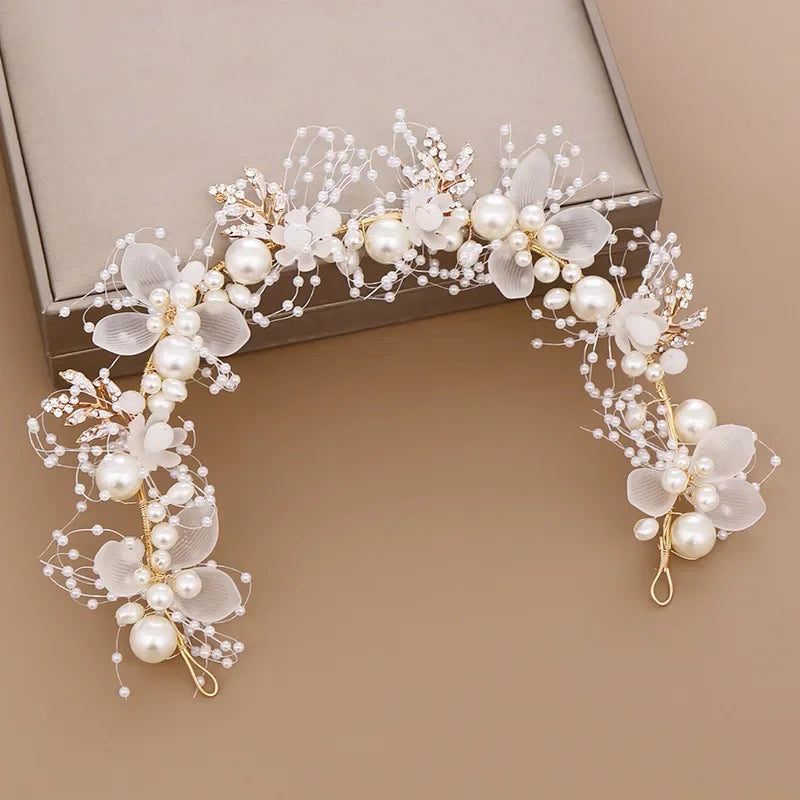 Pearl Flower Crown Headband – Boho Bridal Crystal Headpiece
