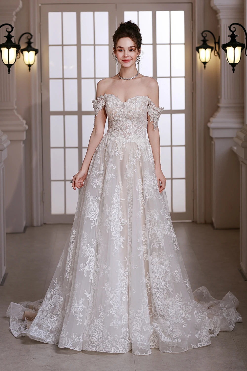 Vintage Off-Shoulder Beaded A-Line Wedding Dress with Court Train