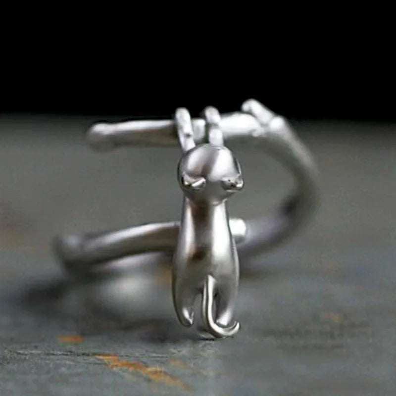 Authentic 925 Sterling Silver Cat on Branch Adjustable Ring