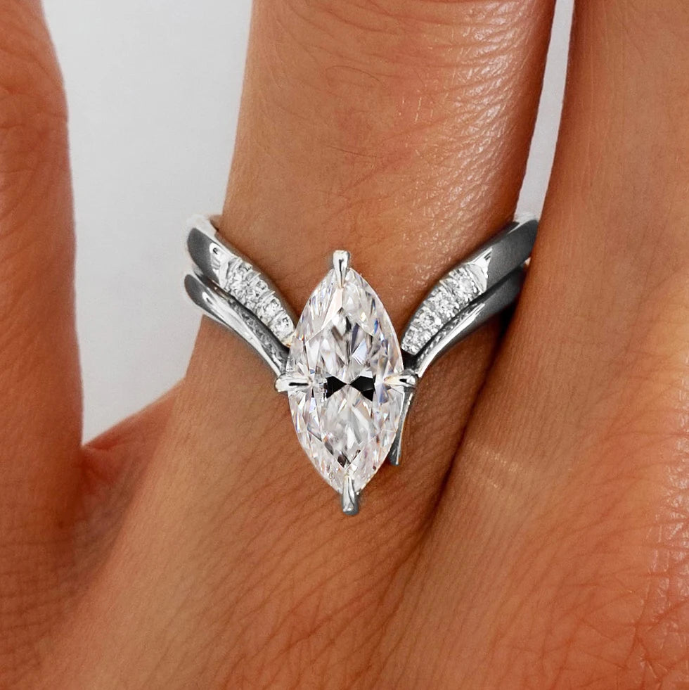 GRA Certified Marquise Cut Moissanite Ring Set | 925 Sterling Silver 18K Gold Plated | D Color VVS1 Wedding Band