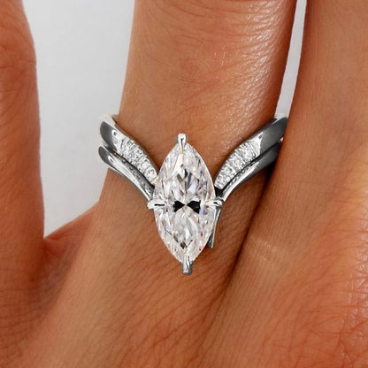 GRA Certified Marquise Cut Moissanite Ring Set | 925 Sterling Silver 18K Gold Plated | D Color VVS1 Wedding Band