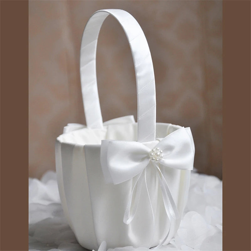 White Flower Girl Basket with Pearl Handle | Wedding Ceremony Accessories