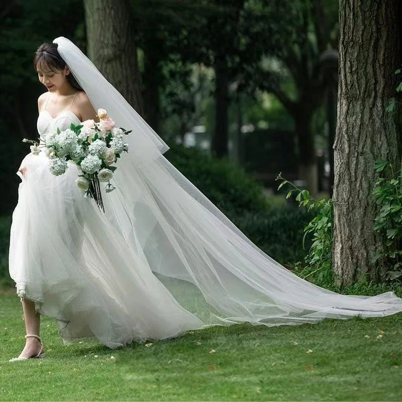 Two-Layer Cut Edge Bridal Veil With Extra Long Train