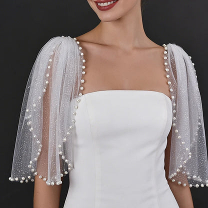 Pearl-Embellished Tulle Bridal Shoulder Cape & Oversleeves