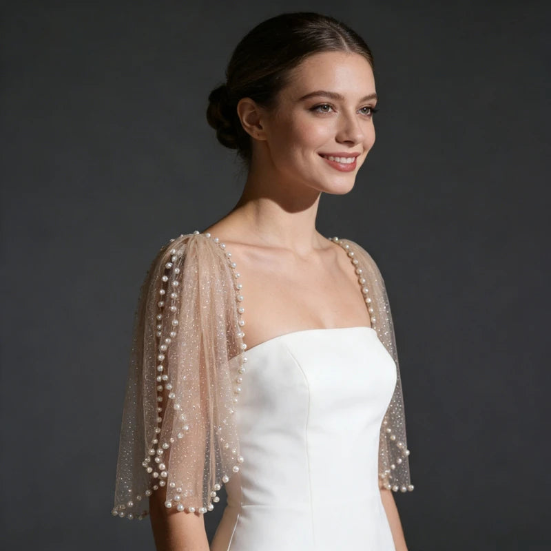 Pearl-Embellished Tulle Bridal Shoulder Cape & Oversleeves