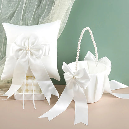 Wedding Ring Bearer Pillow & Flower Girl Basket Set | White Satin Pearl Handle | Bridal Wedding Accessories