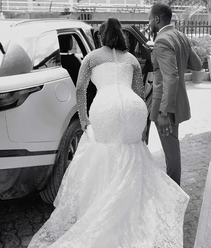 Customized 2026 Women's Mermaid Wedding Dress Bridal Dress Naked Neck Phantom Long Sleeve Beaded Lace Wedding Dress Back Button