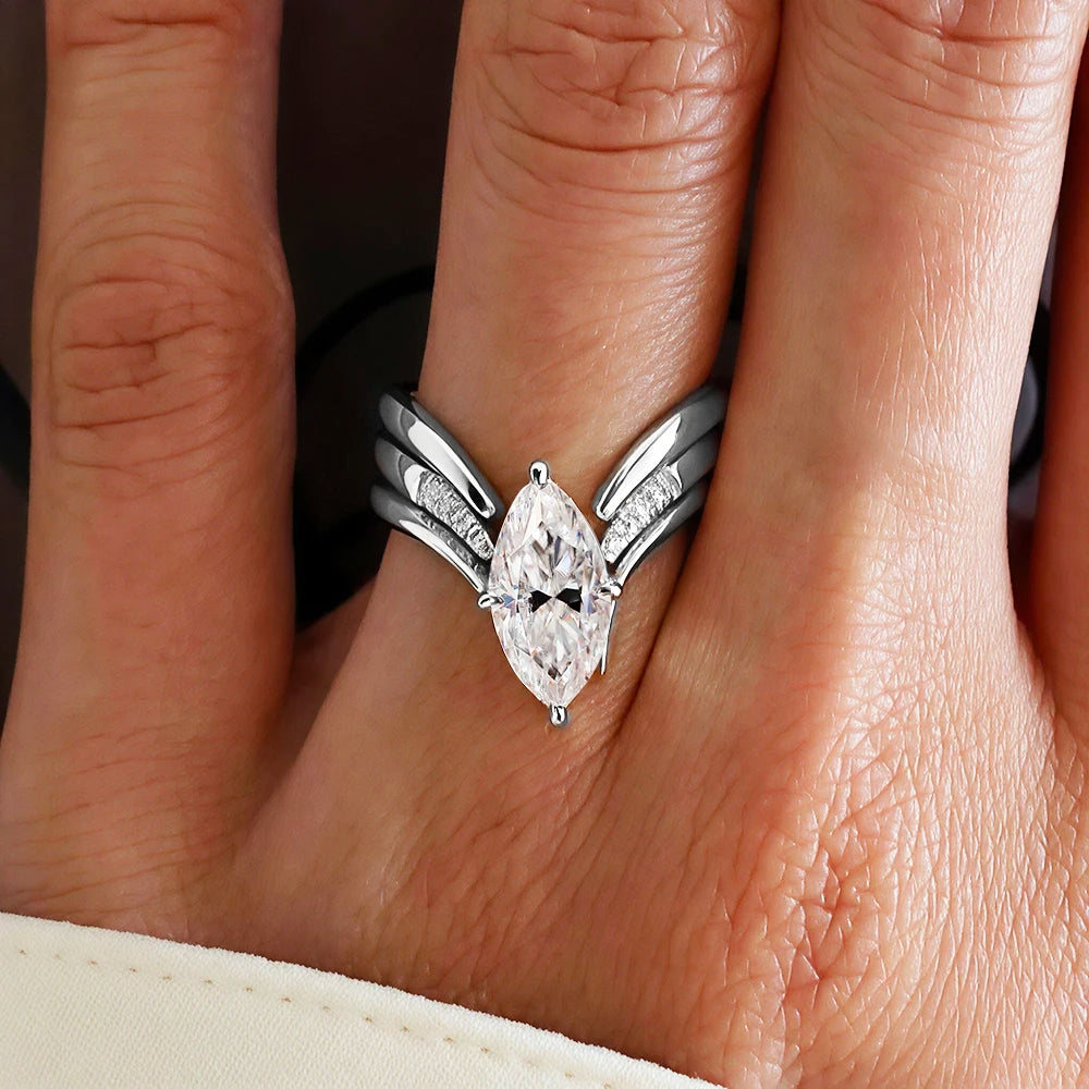 GRA Certified Marquise Cut Moissanite Ring Set | 925 Sterling Silver 18K Gold Plated | D Color VVS1 Wedding Band