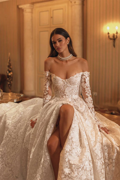 Royal Off-Shoulder Lace Ball Gown – Embroidered Wedding Dress with Train