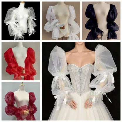 Elegant Puff Wedding Arm Sleeves Evening Dress Decor Ruffles Bride Detachable Sleeves Bowknot Sweet Sheer Cover Sleeves Banquet
