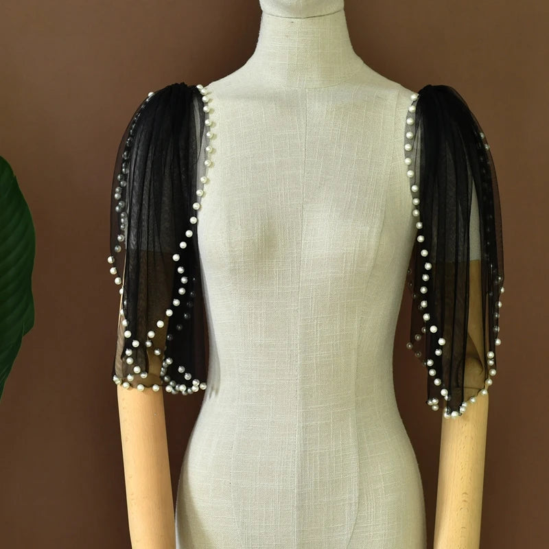 Pearl-Embellished Tulle Bridal Shoulder Cape & Oversleeves