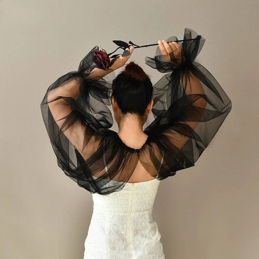 Attached-Sleeve Bridal Shawl with Flared Cuffs Wedding Bolero Sexy Wear Wedding Accessories Wedding Props Marriage Evening Party