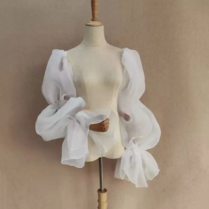 Elegant Puff Wedding Arm Sleeves Evening Dress Decor Ruffles Bride Detachable Sleeves Bowknot Sweet Sheer Cover Sleeves Banquet