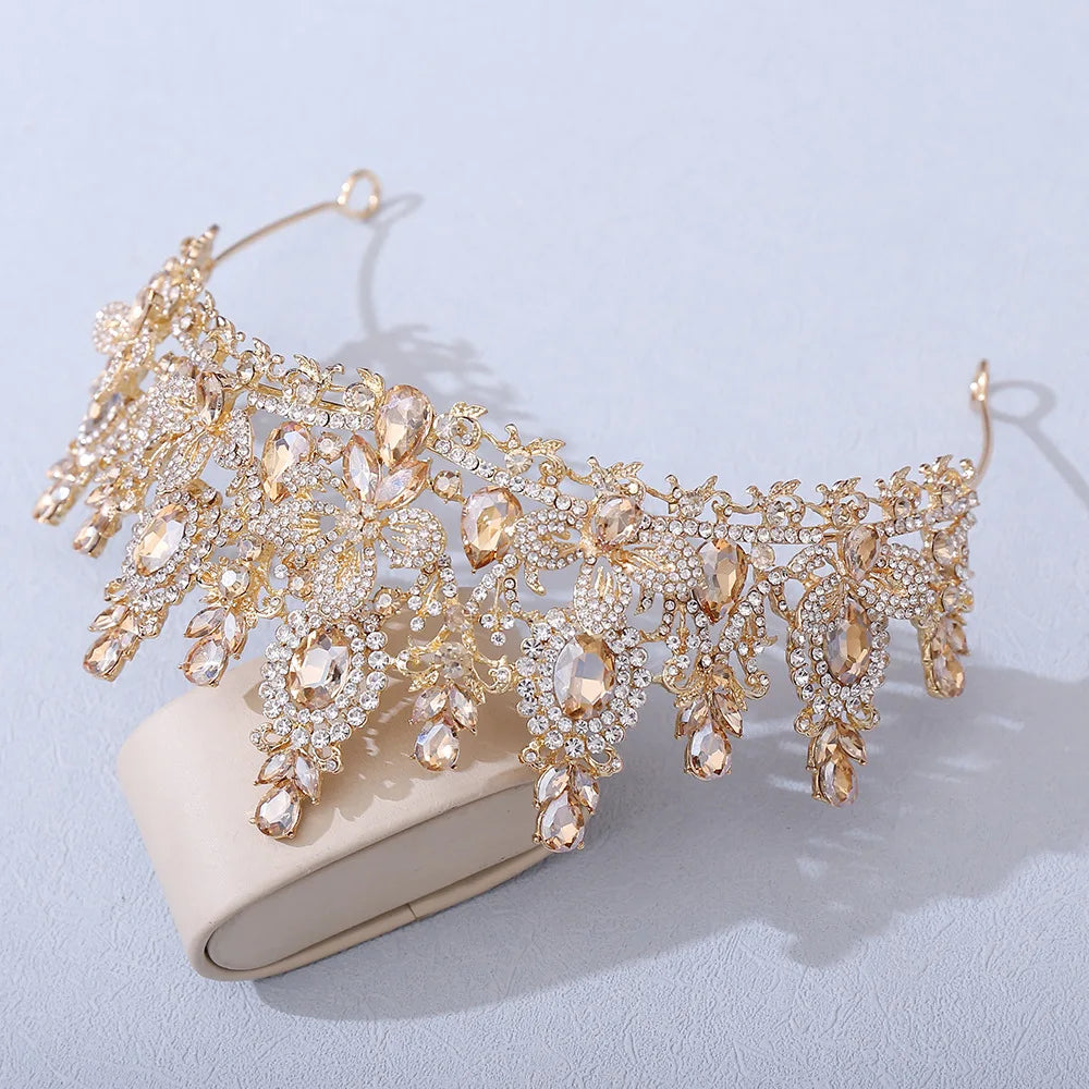 Bloom Veil Co. Royal Queen Champagne Gold Bridal Crown – Luxury Crystal Wedding Tiara