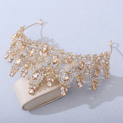 Bloom Veil Co. Royal Queen Champagne Gold Bridal Crown – Luxury Crystal Wedding Tiara