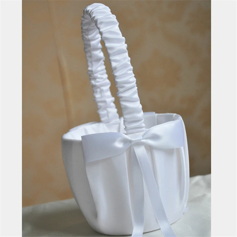 White Flower Girl Basket with Pearl Handle | Wedding Ceremony Accessories