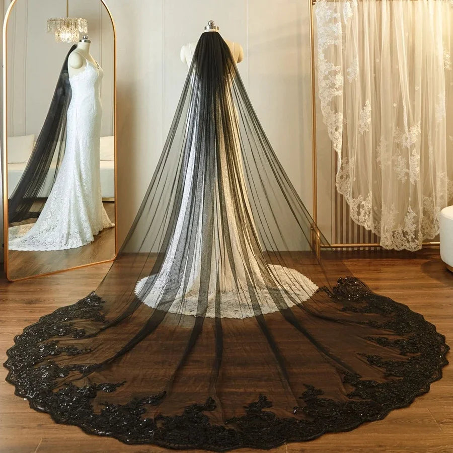 Black Cathedral Bridal Veil with Lace Appliqué Edge