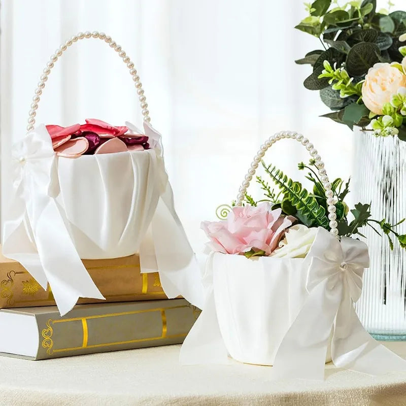Wedding Ring Bearer Pillow & Flower Girl Basket Set | White Satin Pearl Handle | Bridal Wedding Accessories