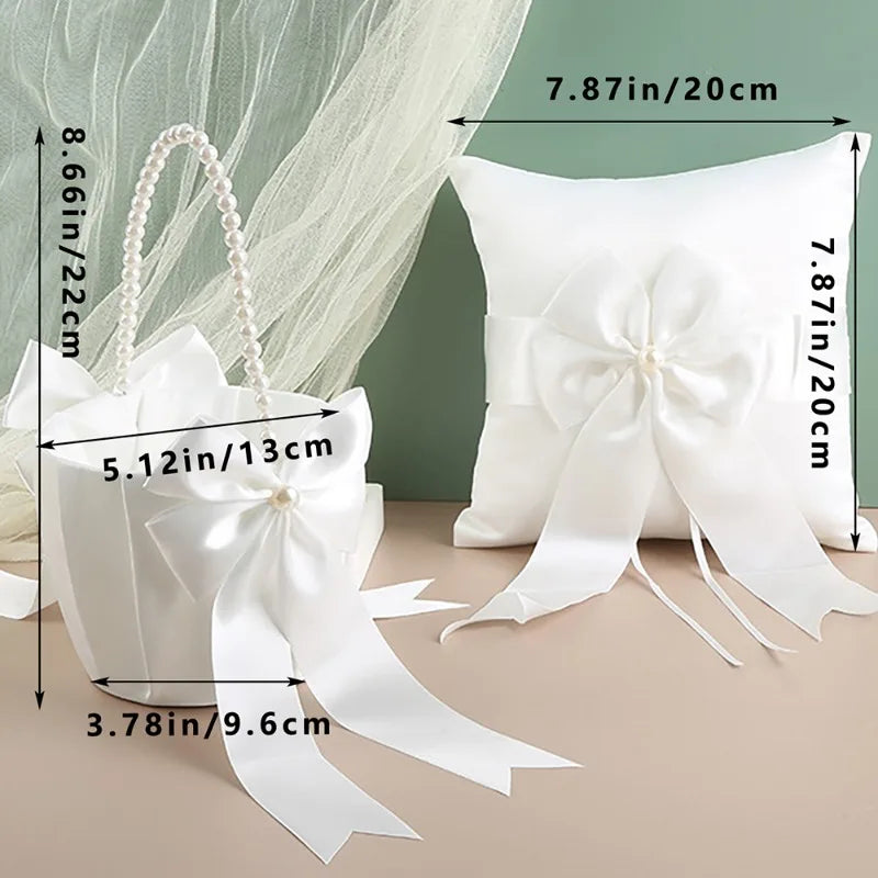 Wedding Ring Bearer Pillow & Flower Girl Basket Set | White Satin Pearl Handle | Bridal Wedding Accessories