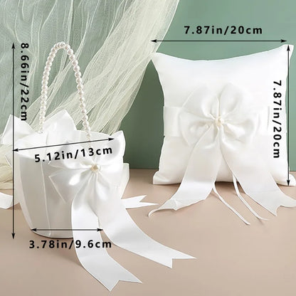 Wedding Ring Bearer Pillow & Flower Girl Basket Set | White Satin Pearl Handle | Bridal Wedding Accessories