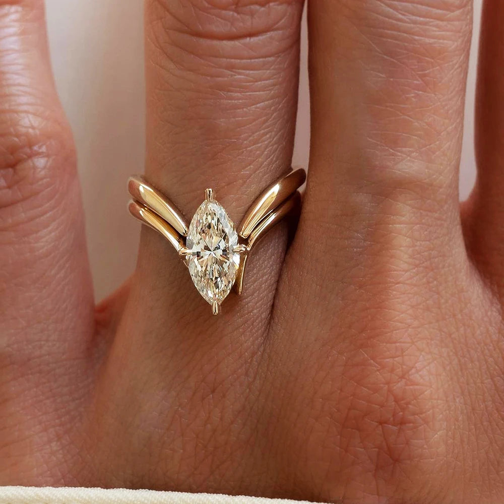 GRA Certified Marquise Cut Moissanite Ring Set | 925 Sterling Silver 18K Gold Plated | D Color VVS1 Wedding Band