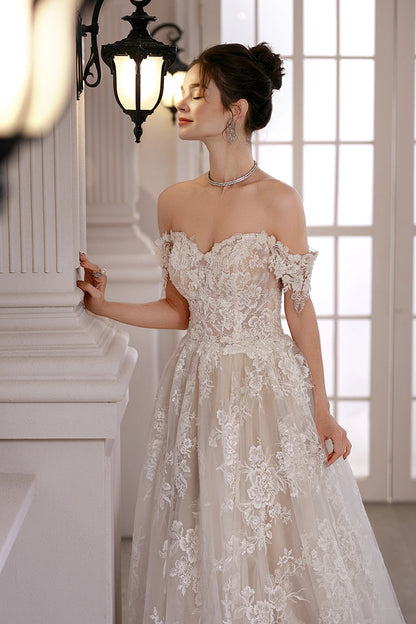 Vintage Off-Shoulder Beaded A-Line Wedding Dress with Court Train