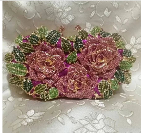 Golden Silver Luxury Crystals Evening Bags Fashion Rose Flower Diamonds Clutch Bags Soiree Purse Women Wedding Bride Handbags