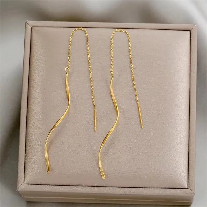 French Luxury Long Zircon Tassel Twisted Drop Earrings