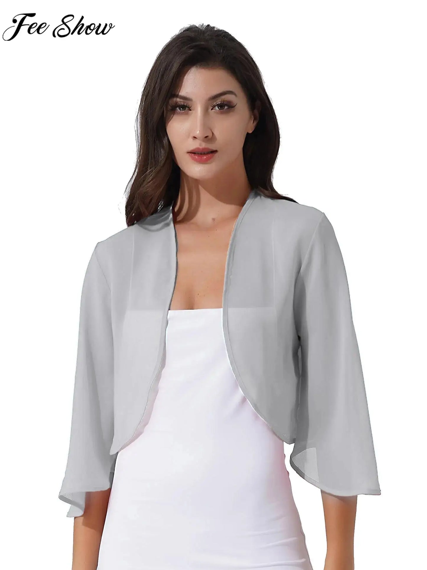 Women 3/4 Sleeve Chiffon Cardigan Bolero Shawls Outerwear Wedding Bridal Party Dress Wraps Beach Vacation Cover Ups Soft Cape